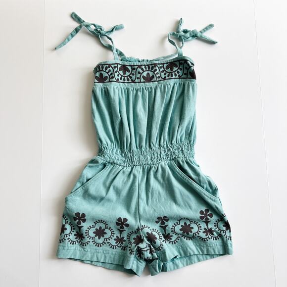 [Tea Collection] Green Tie Shoulder Strap Floral Hem Romper Shorts Girl's Sz 5 - Picture 1 of 10